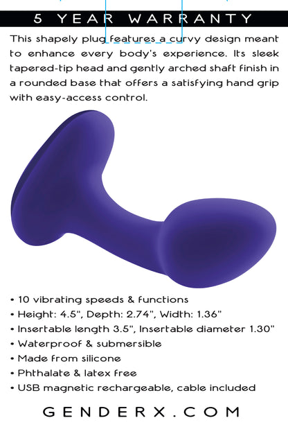 Gender X Anybody's Plug: Vibrating anal plug with 10 functions, ergonomic design, body-safe materials, waterproof, and USB rechargeable.