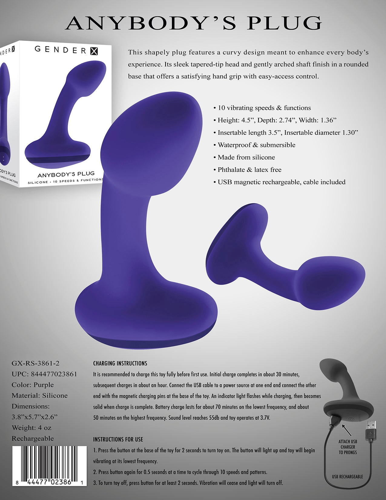 Gender X Anybody's Plug: Vibrating anal plug with 10 functions, ergonomic design, body-safe materials, waterproof, and USB rechargeable.