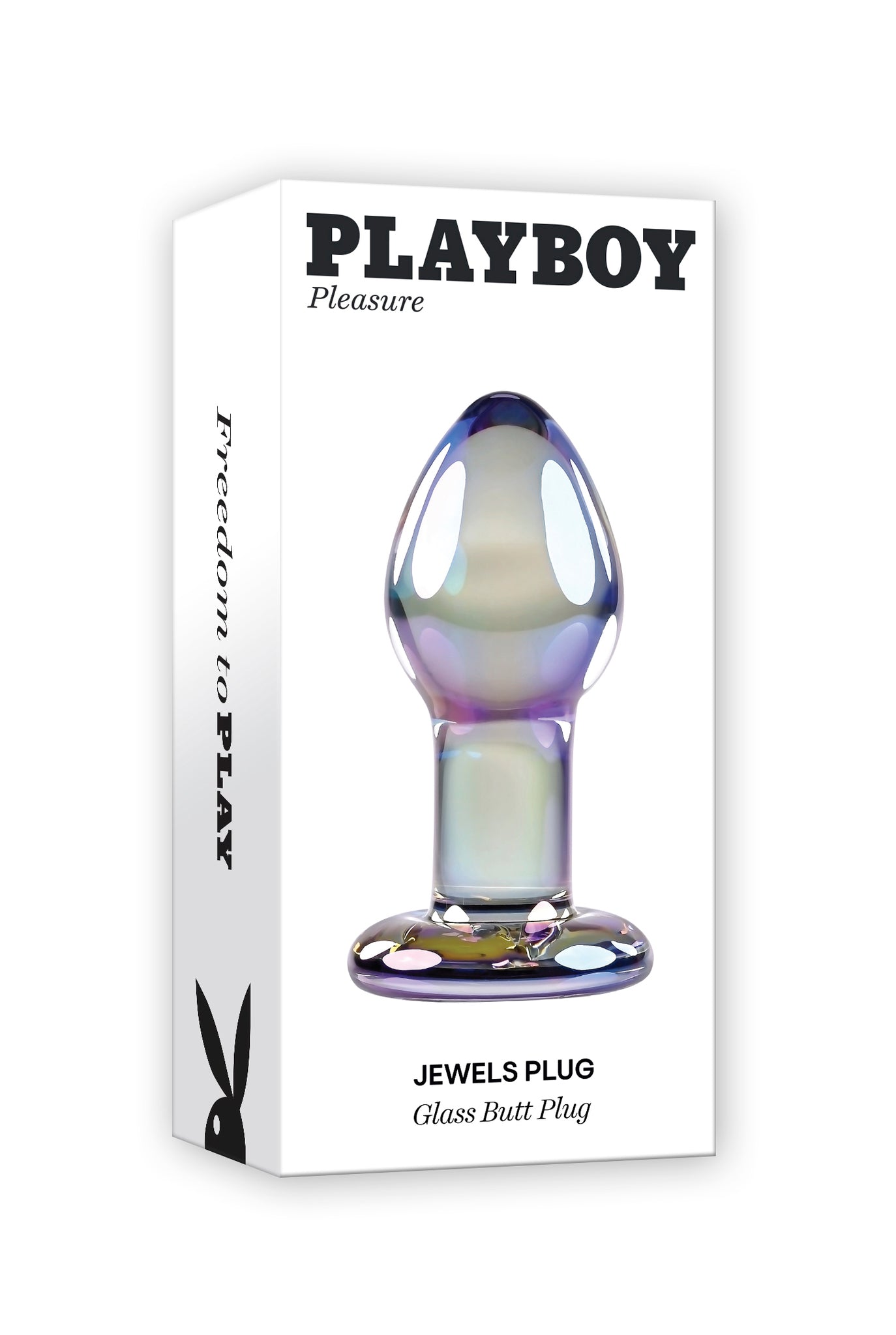 Playboy Jewels Glass Butt Plug: Elegant borosilicate glass plug with a tapered design, waterproof, temperature play ready, and backed by a 5-year warranty.