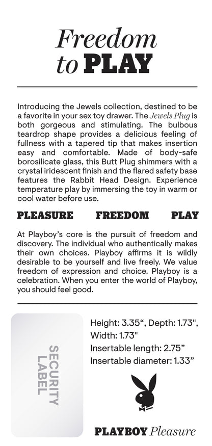 Playboy Jewels Glass Butt Plug: Elegant borosilicate glass plug with a tapered design, waterproof, temperature play ready, and backed by a 5-year warranty.