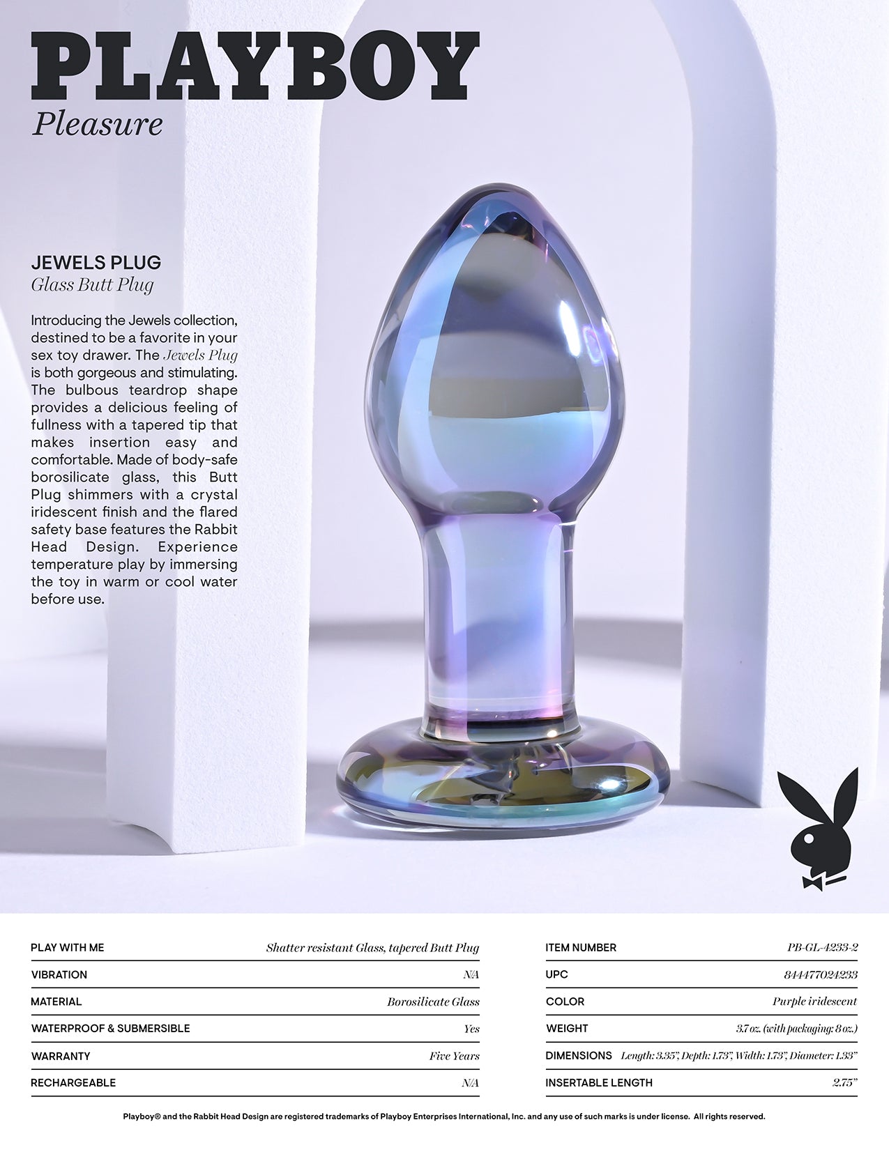 Playboy Jewels Glass Butt Plug: Elegant borosilicate glass plug with a tapered design, waterproof, temperature play ready, and backed by a 5-year warranty.