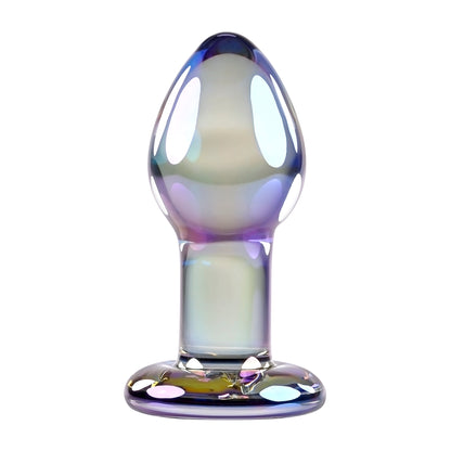 Playboy Jewels Glass Butt Plug: Elegant borosilicate glass plug with a tapered design, waterproof, temperature play ready, and backed by a 5-year warranty.