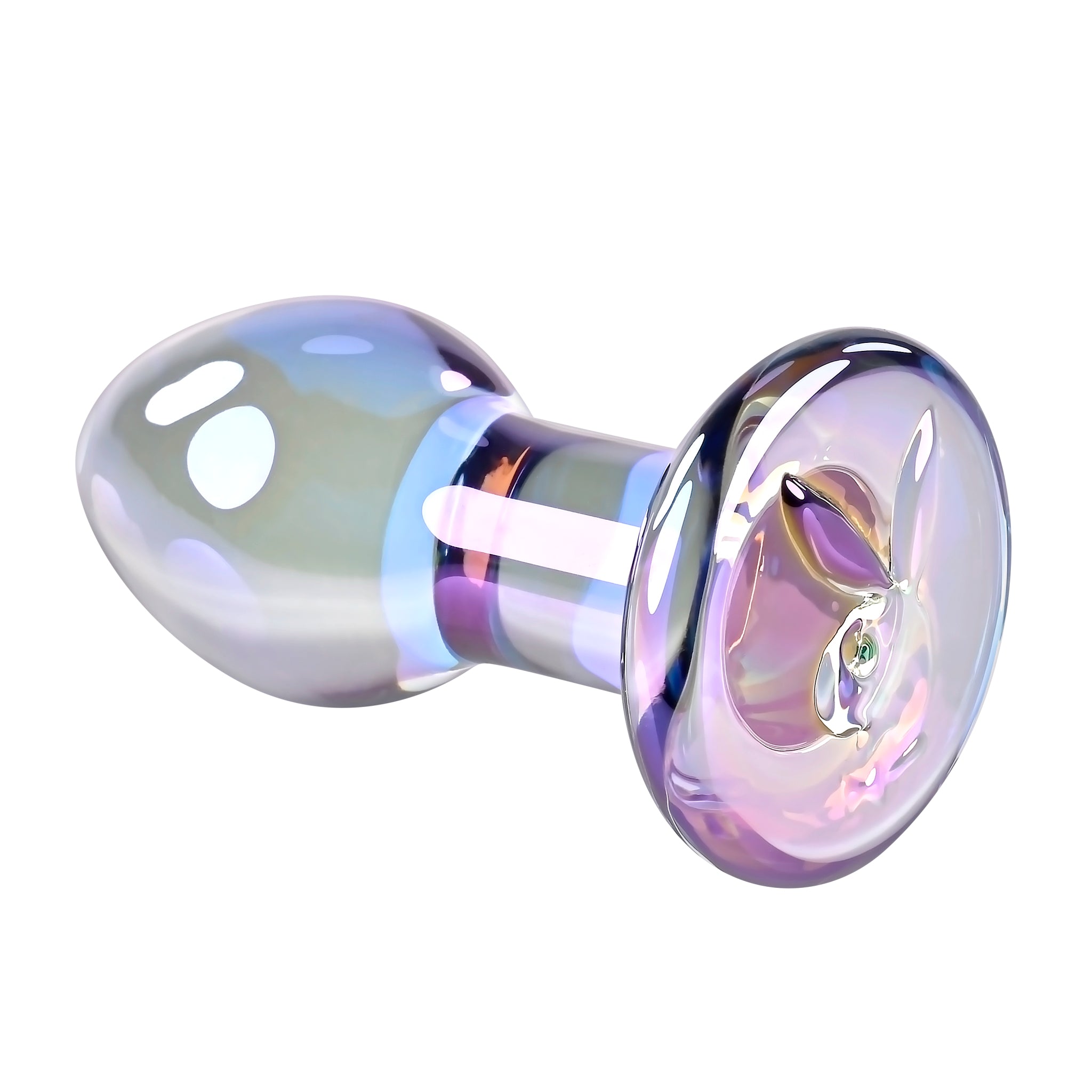 Playboy Jewels Glass Butt Plug: Elegant borosilicate glass plug with a tapered design, waterproof, temperature play ready, and backed by a 5-year warranty.