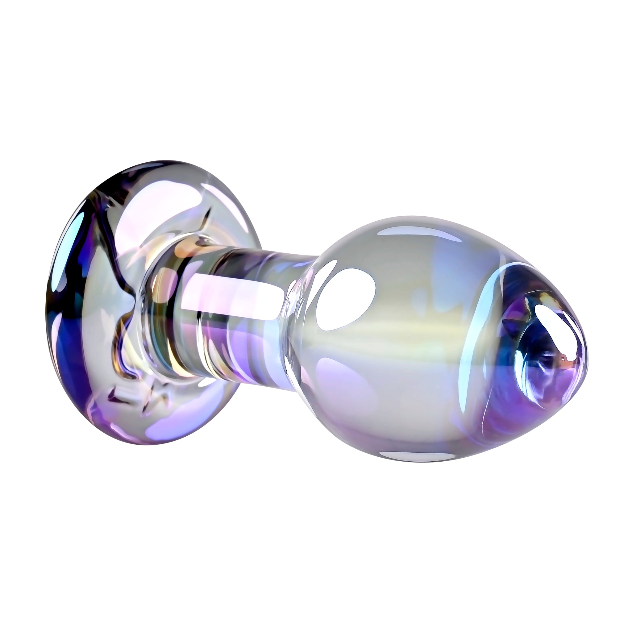 Playboy Jewels Glass Butt Plug: Elegant borosilicate glass plug with a tapered design, waterproof, temperature play ready, and backed by a 5-year warranty.