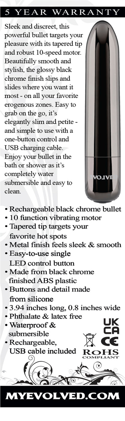 Evolved Real Simple Bullet Vibrator with 10 speeds, sleek black chrome finish, tapered tip, and USB charging. Keywords: Evolved Real Simple Bullet, bullet vibrator, 10-speed vibrator, sleek chrome finish vibrator, waterproof vibrator, rechargeable bullet vibe, tapered tip vibrator, compact travel-friendly vibrator, ABS plastic vibrator, powerful vibrating bullet.