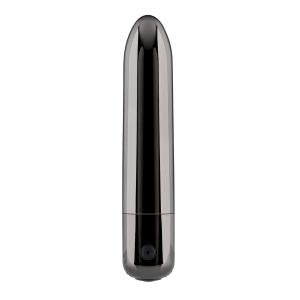 Evolved Real Simple Bullet Vibrator with 10 speeds, sleek black chrome finish, tapered tip, and USB charging. Keywords: Evolved Real Simple Bullet, bullet vibrator, 10-speed vibrator, sleek chrome finish vibrator, waterproof vibrator, rechargeable bullet vibe, tapered tip vibrator, compact travel-friendly vibrator, ABS plastic vibrator, powerful vibrating bullet.