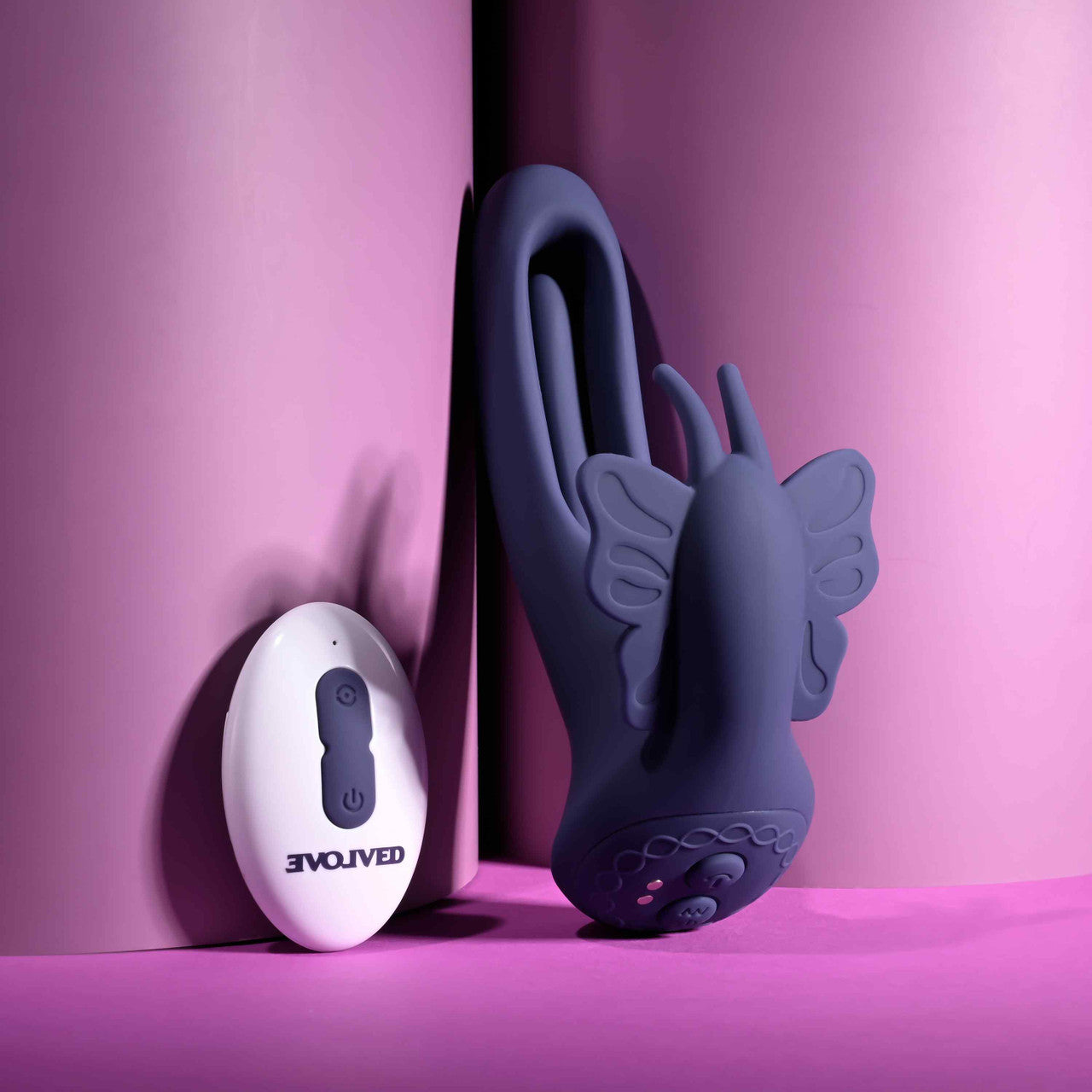 Lord of the Wings dual-stimulation vibrator with flapping shaft, butterfly stimulator, remote control, waterproof design, and USB charging. Keywords: Lord of the Wings vibrator, dual stimulation toy, butterfly stimulator, flapping shaft vibrator, remote control vibrator, waterproof sex toy, USB rechargeable vibrator, silicone vibrator, Evolved Novelties, rabbit-style vibrator.