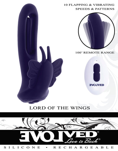 Lord of the Wings dual-stimulation vibrator with flapping shaft, butterfly stimulator, remote control, waterproof design, and USB charging. Keywords: Lord of the Wings vibrator, dual stimulation toy, butterfly stimulator, flapping shaft vibrator, remote control vibrator, waterproof sex toy, USB rechargeable vibrator, silicone vibrator, Evolved Novelties, rabbit-style vibrator.