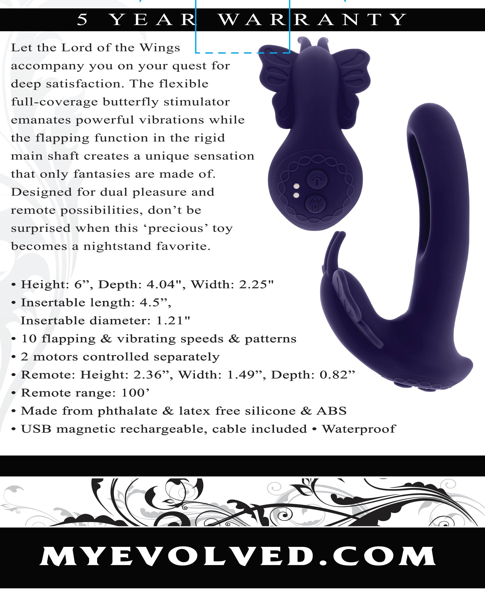 Lord of the Wings dual-stimulation vibrator with flapping shaft, butterfly stimulator, remote control, waterproof design, and USB charging. Keywords: Lord of the Wings vibrator, dual stimulation toy, butterfly stimulator, flapping shaft vibrator, remote control vibrator, waterproof sex toy, USB rechargeable vibrator, silicone vibrator, Evolved Novelties, rabbit-style vibrator.