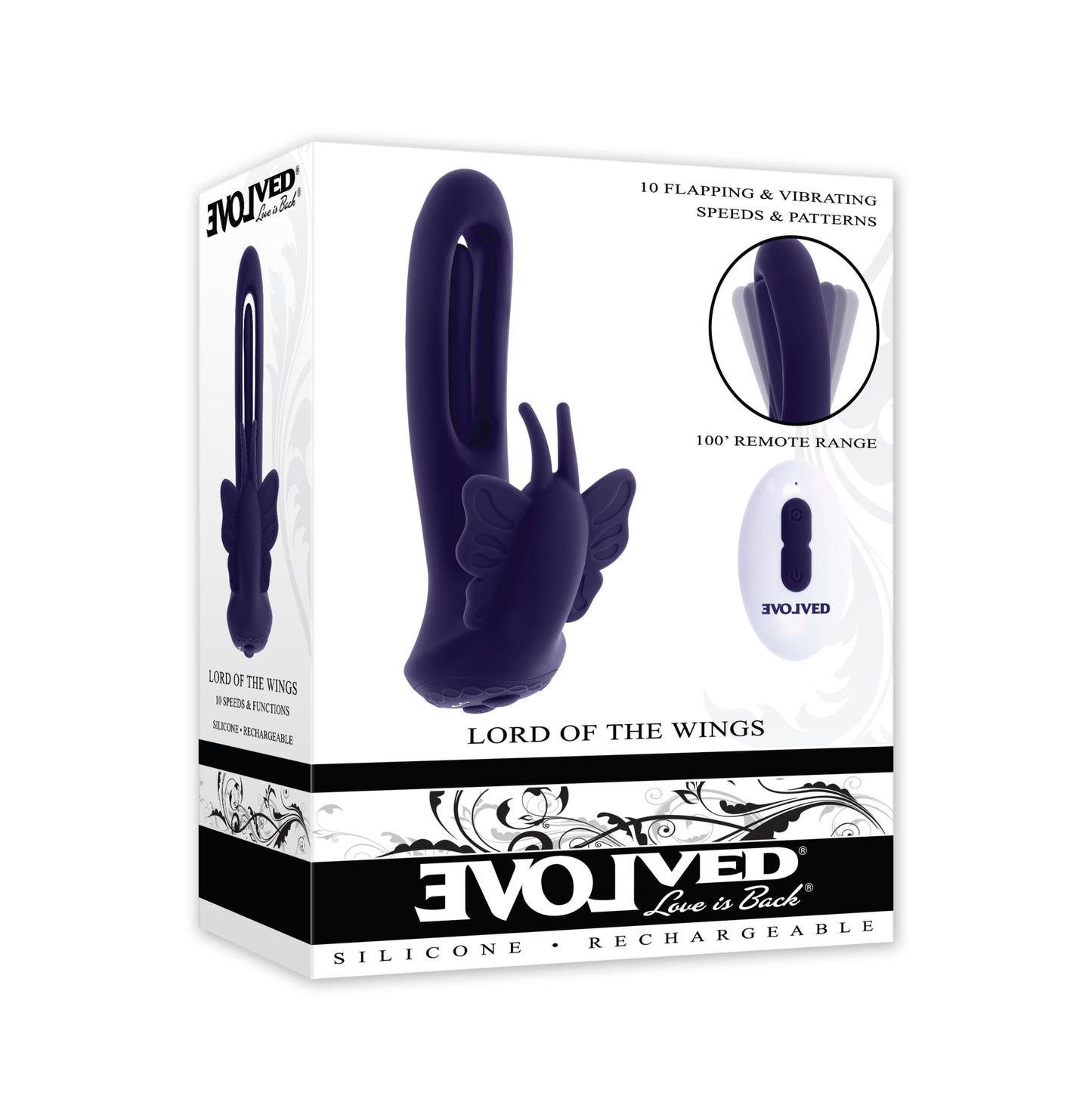 Lord of the Wings dual-stimulation vibrator with flapping shaft, butterfly stimulator, remote control, waterproof design, and USB charging. Keywords: Lord of the Wings vibrator, dual stimulation toy, butterfly stimulator, flapping shaft vibrator, remote control vibrator, waterproof sex toy, USB rechargeable vibrator, silicone vibrator, Evolved Novelties, rabbit-style vibrator.