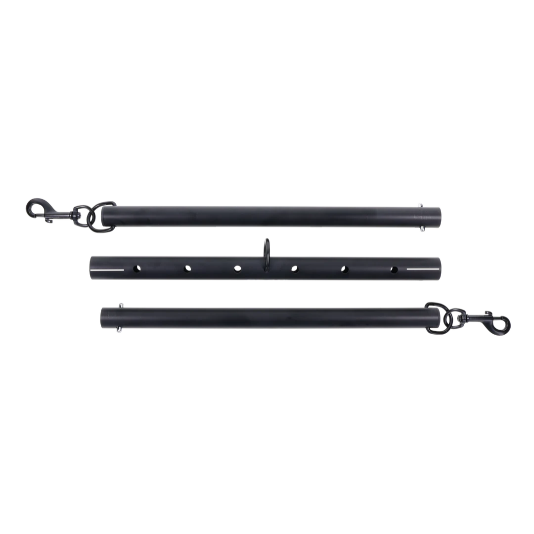 Adjustable aluminum spreader bar with nickel-free hardware, expands 28.5"–37". Includes clips for cuffs, middle attachment, and travel-friendly design.