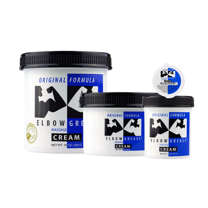 Elbow Grease Original Cream, mineral oil-based lubricant and moisturizer, available in 1oz, 4oz, 9oz, and 15oz sizes, perfect for intimate and kink activities.

