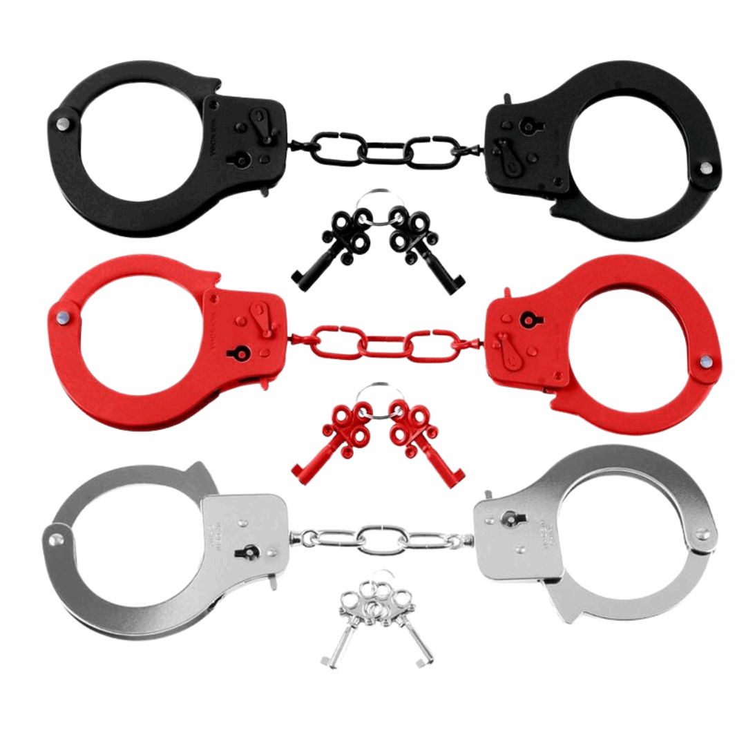 Metal Handcuffs: Durable cuffs in red, black, or silver, perfect for thrilling BDSM restraint and fetish play.