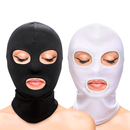 Black and white BDSM hoods with eyes and mouth openings, made from soft nylon. Keywords
eyes and mouth hood, BDSM hood, nylon bondage hood, fetish hood, kink accessories, bondage restraints, black BDSM hood, white bondage hood, sensory play hood, submissive role-play hood