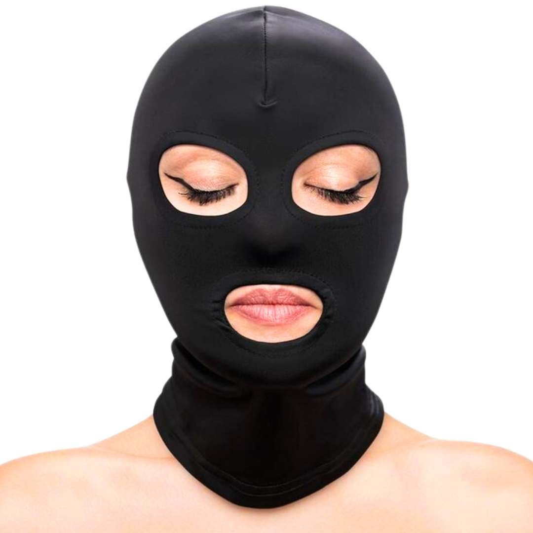 Black and white BDSM hoods with eyes and mouth openings, made from soft nylon. Keywords
eyes and mouth hood, BDSM hood, nylon bondage hood, fetish hood, kink accessories, bondage restraints, black BDSM hood, white bondage hood, sensory play hood, submissive role-play hood