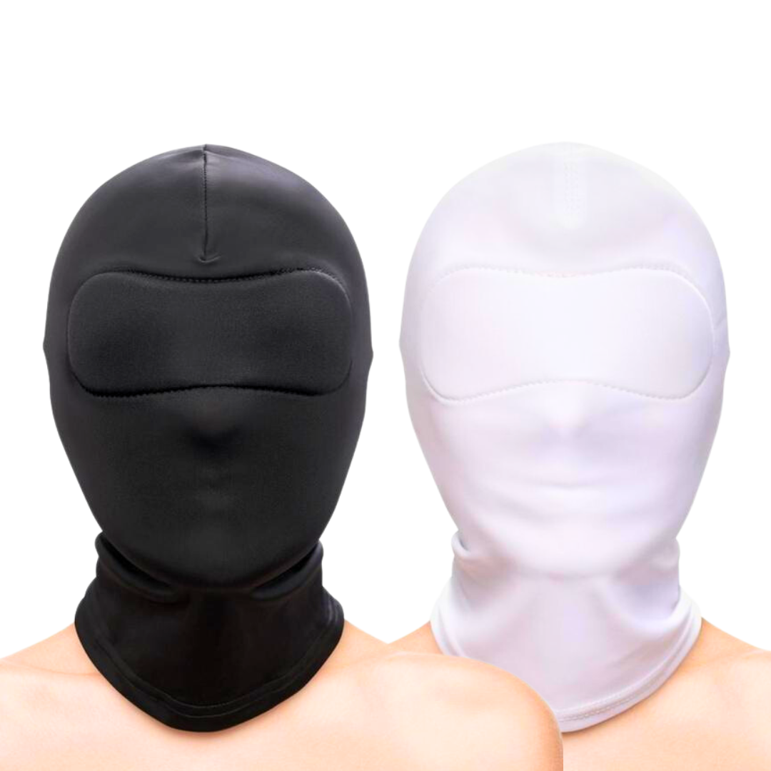 Black and white closed sensory deprivation hoods made from soft nylon, designed for bondage and sensory play. Keywords: closed BDSM hood, sensory deprivation hood, bondage hood, fetish hood, nylon BDSM hood, black hood, white fetish hood, bondage play hood, kink gear, BDSM accessories