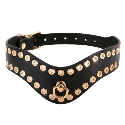 Black BDSM collar with gold-tone studs, adjustable buckle, and D-ring for leash attachment. Keywords: BDSM collar, gold studded collar, adjustable fetish collar, PU leather BDSM collar, vegan BDSM collar, nickel-free collar, BDSM accessories, luxury BDSM gear, Kali collar, black and gold BDSM collar.