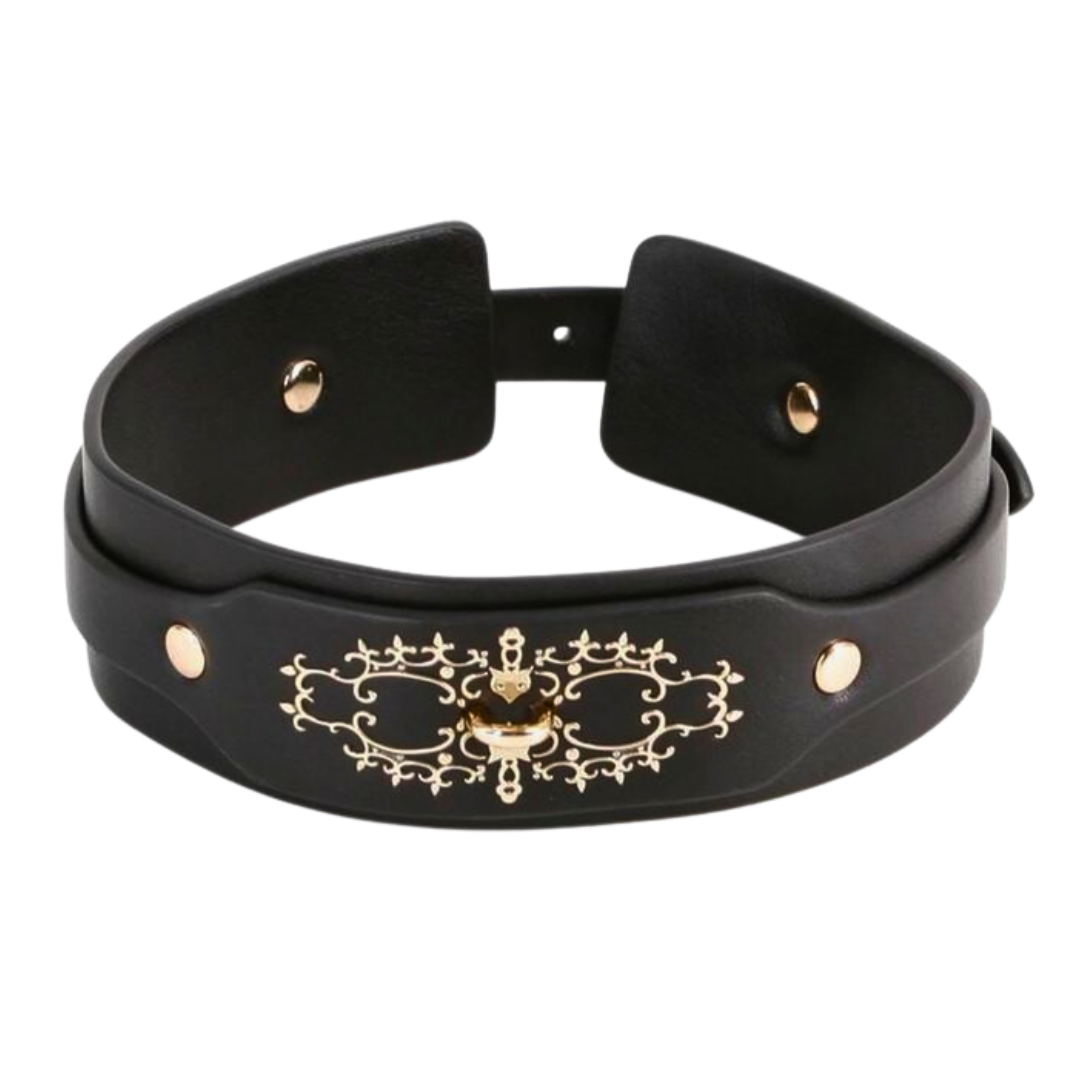 Black collar with intricate golden embellishments, adjustable buckle closure, and a D-ring, crafted from PU leather and nickel-free hardware, designed for neck sizes 11.5 to 16.5 inches. Keywords: Katrina Collar, golden embellishments, BDSM collar, D-ring collar, royal-inspired collar, adjustable fit, PU leather, nickel-free hardware, elegant day collar, luxury fetish collar, leash compatible, Fetish & Fashion, regal BDSM accessories.