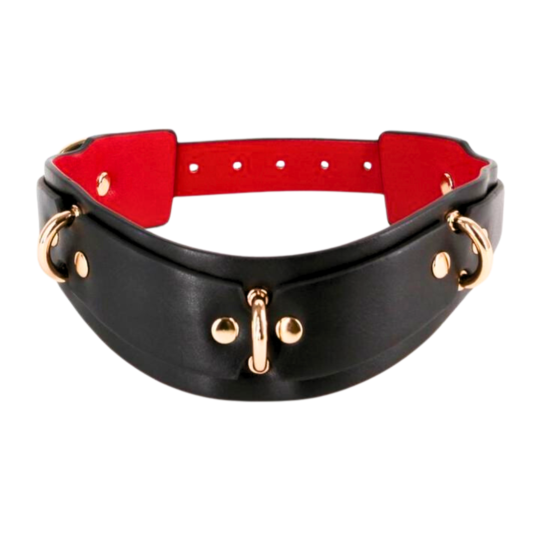 Black BDSM collar with red lining, three D-rings, adjustable buckle closure, crafted from PU leather and nickel-free hardware, designed for neck sizes 11.5 to 16 inches. Keywords: Lilith Collar, black and red collar, BDSM collar, D-ring collar, adjustable fit, PU leather, nickel-free hardware, dominant collar, submissive collar, fetish collar, day collar, restraint-compatible collar, Fetish & Fashion, luxury BDSM accessories.