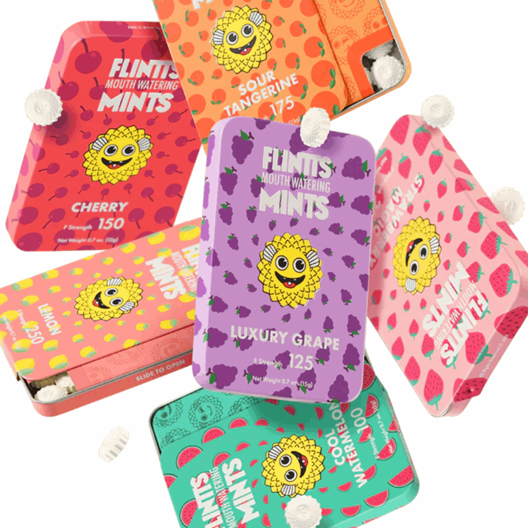 Flintts Mints in vibrant, eco-friendly packaging, featuring flavors like watermelon, grape, and lemon, with F Strength levels for customizable sparkle and mouth-watering effects.

