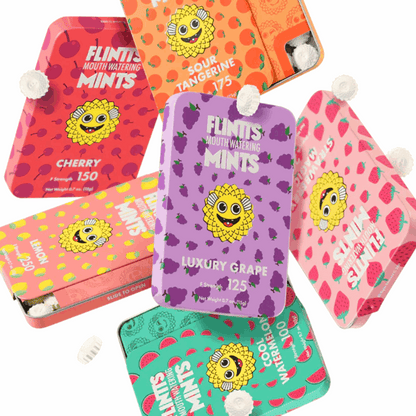 Flintts Mints in vibrant, eco-friendly packaging, featuring flavors like watermelon, grape, and lemon, with F Strength levels for customizable sparkle and mouth-watering effects.

