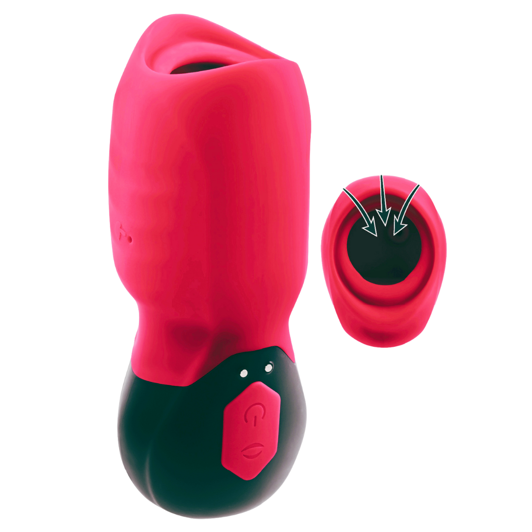 Gender X Body Kisses suction massager, a dual-stimulation toy with 7 suction intensities and vibration modes, designed for all bodies, including FTM individuals.

