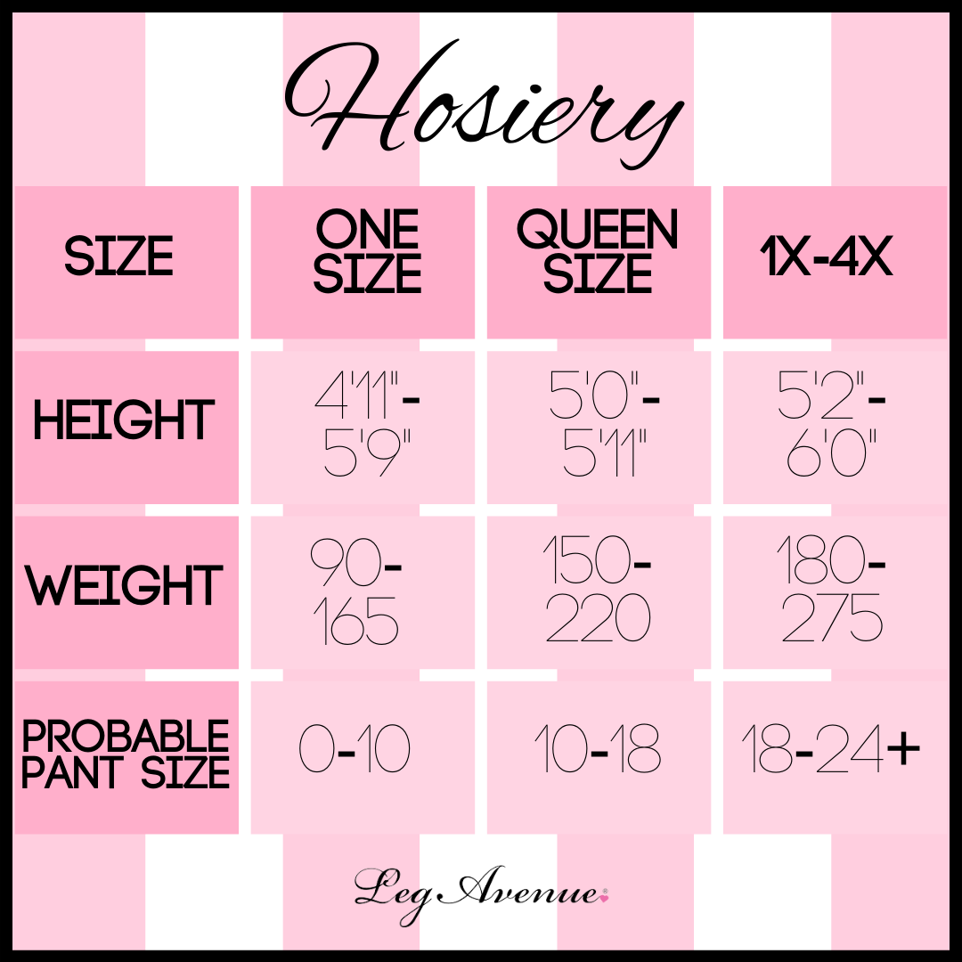 Size chart for Leg Avenue hosiery displaying size options, height, weight, and probable pant sizes. Categories include One Size (height 4'11"-5'9", weight 90-165 lbs, pant size 0-10), Queen Size (height 5'0"-5'11", weight 150-220 lbs, pant size 10-18), and 1x-4x (height 5'2"-6'0", weight 180-275 lbs, pant size 18-24+). The chart is styled with pink and white stripes, with "Hosiery" written at the top and the Leg Avenue logo at the bottom.