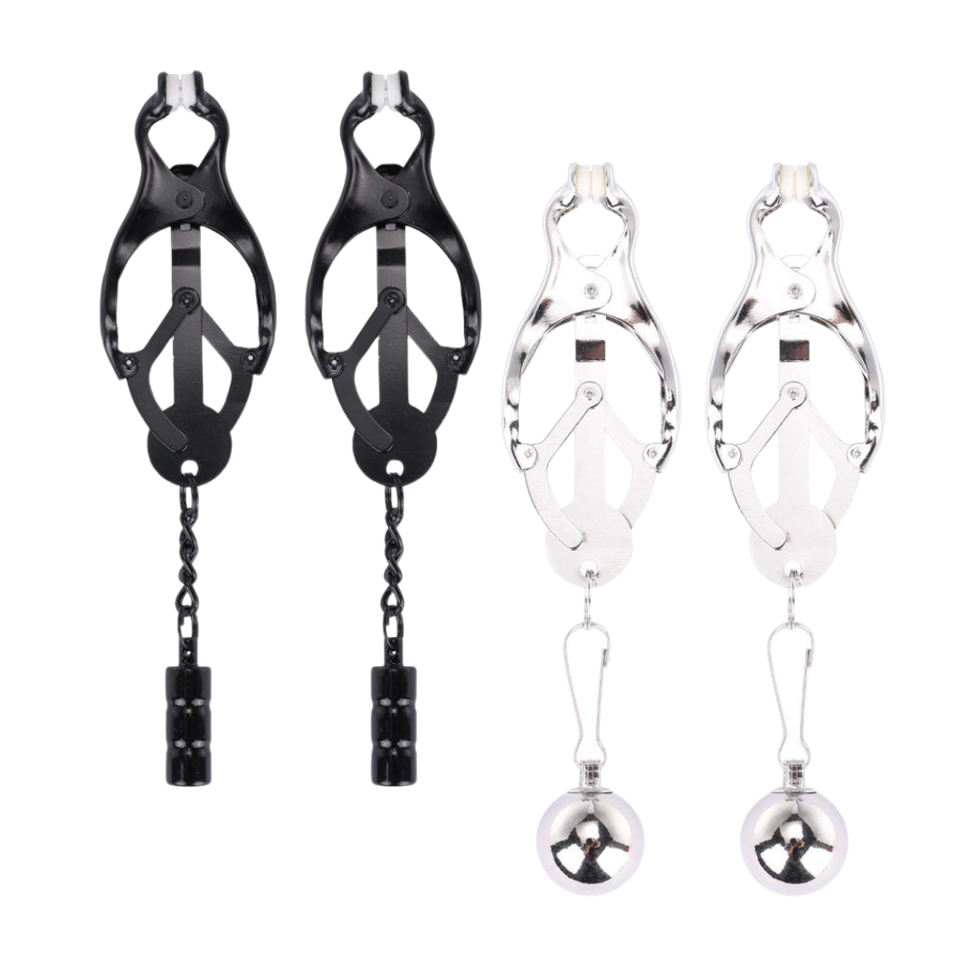 Stylish, sturdy nipple clamps with rubber-coated ends, nickel-free steel, and decorative weights. Available in sleek silver and bold black for ultimate sensation play.

