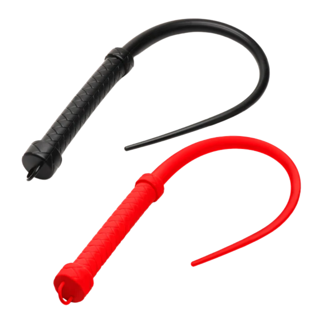 A sleek Viper Tail Silicone Whip featuring a red or black tapered tail and cross-hatch handle for precision impact play.

