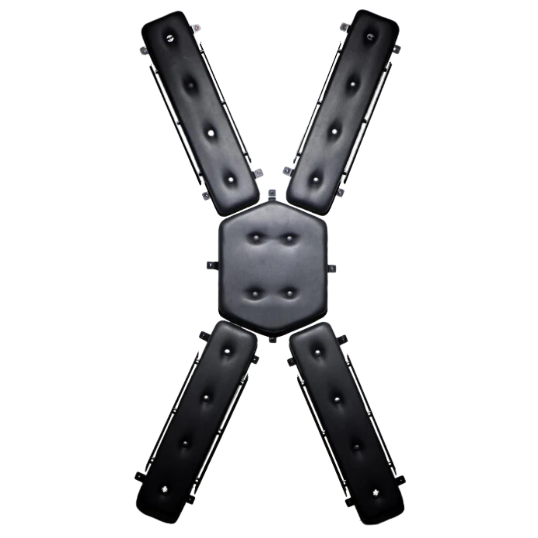 Wall-mounted St. Andrew's Cross with plush PVC padding, multiple attachment points, and compact design. Keywords: wall-mounted St. Andrew's Cross, space-saving BDSM cross, padded St. Andrew's Cross, wall-mounted kink furniture, PVC leather BDSM cross, compact BDSM cross, bondage cross with attachment points, discreet BDSM furniture, St. Andrew's Cross for small spaces, durable BDSM cross.