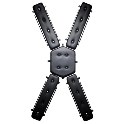 Wall-mounted St. Andrew's Cross with plush PVC padding, multiple attachment points, and compact design. Keywords: wall-mounted St. Andrew's Cross, space-saving BDSM cross, padded St. Andrew's Cross, wall-mounted kink furniture, PVC leather BDSM cross, compact BDSM cross, bondage cross with attachment points, discreet BDSM furniture, St. Andrew's Cross for small spaces, durable BDSM cross.