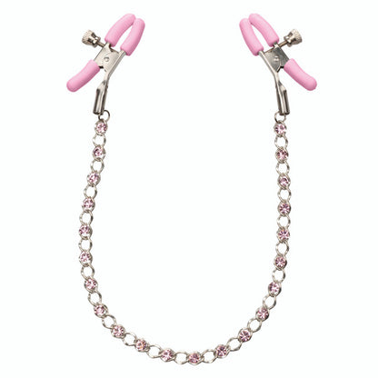 Adjustable nipple clamps with sparkling crystal chain. Enhance sensitivity and arousal with customizable tension. Nickel-free and silicone-coated for comfort.