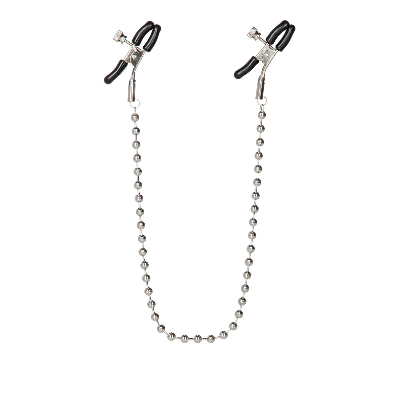 Silver beaded nipple clamps with adjustable tension and phthalate-free PVC pads, connected by a 16-inch chain.