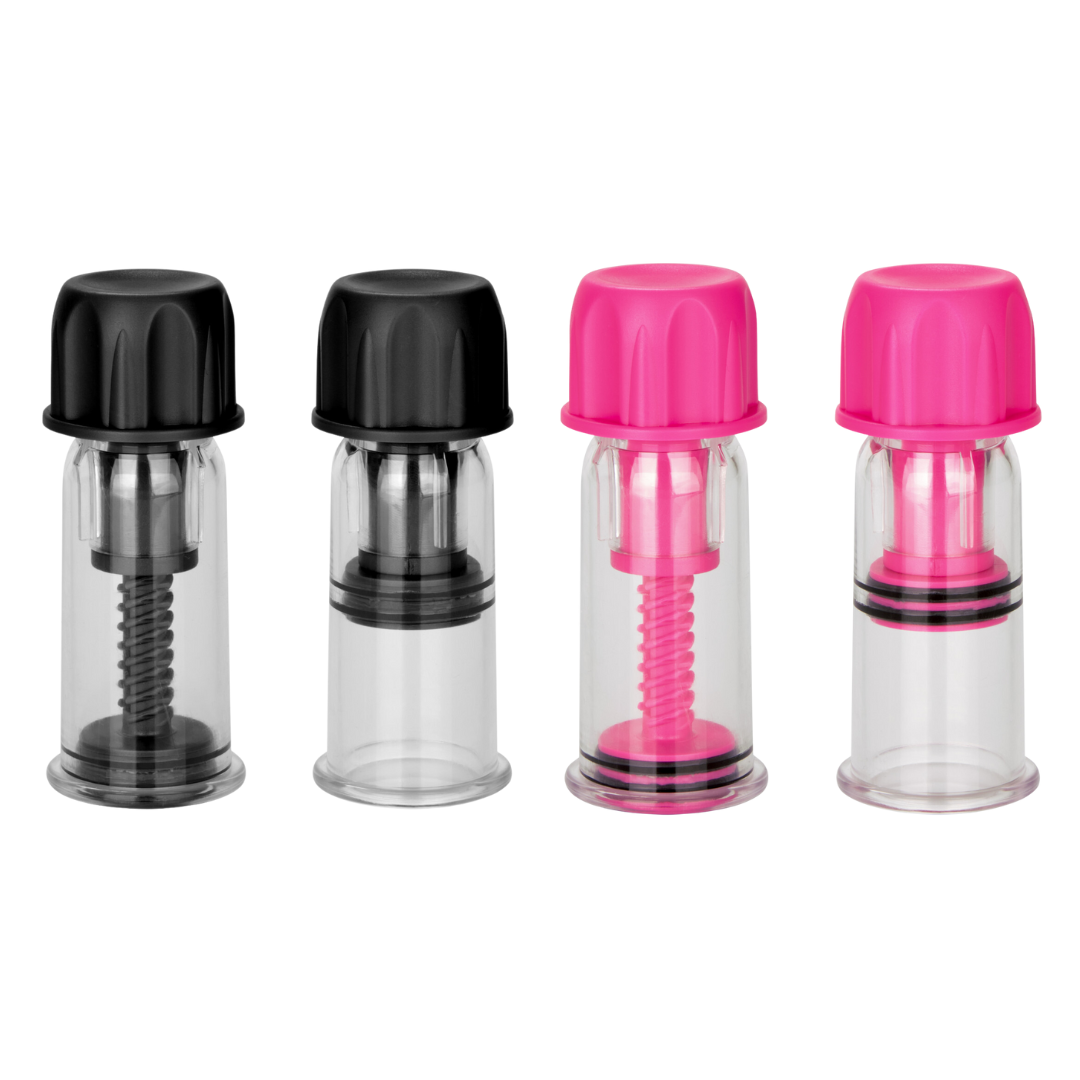 Compact nipple suckers with adjustable vacuum suction, clear cylinders, and a twist cap for customizable stimulation.