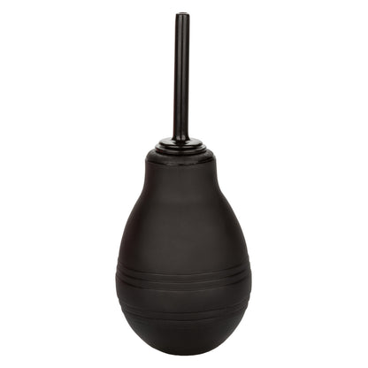 One-Way Anal Douche by CalExotics featuring a sleek black bulb and nozzle design. The packaging highlights its easy-to-use nature, one-way flow design to prevent backflow, 7.3 fl. oz. capacity, and 1-year warranty.