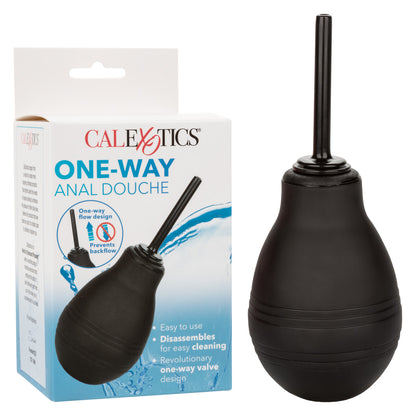 One-Way Anal Douche by CalExotics featuring a sleek black bulb and nozzle design. The packaging highlights its easy-to-use nature, one-way flow design to prevent backflow, 7.3 fl. oz. capacity, and 1-year warranty.