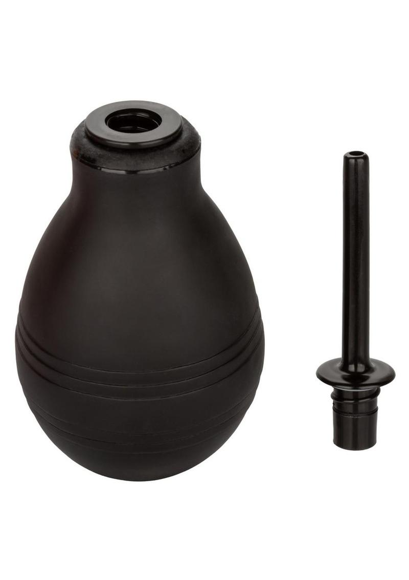 One-Way Anal Douche by CalExotics featuring a sleek black bulb and nozzle design. The packaging highlights its easy-to-use nature, one-way flow design to prevent backflow, 7.3 fl. oz. capacity, and 1-year warranty.