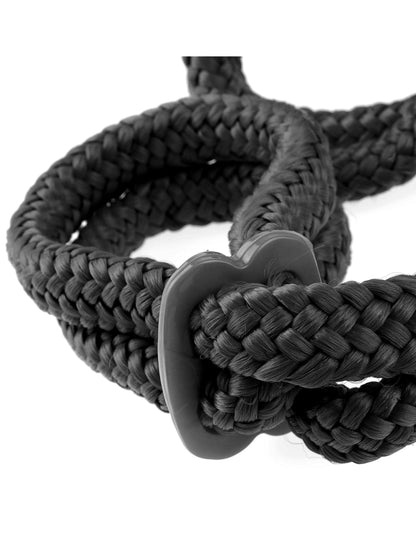 Silk Rope Love Cuffs in black or red with adjustable plastic cinch, ideal for beginners exploring Japanese bondage.
Silk Rope Love Cuffs, Japanese bondage, beginner bondage, silky rope cuffs, black cuffs, red cuffs, adjustable bondage restraints, unisex cuffs, bondage accessories, Fetish Fantasy Series, Pipedream Products.