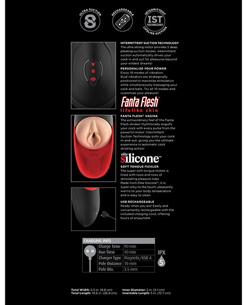 PDX Elite Fuck-O-Matic Stroker, automatic suction, dual vibrators, Fanta Flesh®, USB rechargeable, hands-free male masturbator.
Keywords: Stroker, automatic suction, dual vibrators, Fanta Flesh®, USB rechargeable, hands-free male masturbator.