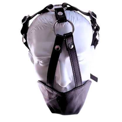 Black leather mouth chin gag with adjustable straps and two O-rings, offering comfort and control for BDSM restraint play.

