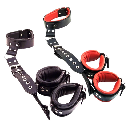 full leather back restraint, neck-to-wrist restraint, padded leather restraint, adjustable buckle straps, BDSM back restraint, D-ring bondage restraint, black leather restraint, black and red leather restraint, padded collar and cuffs, bondage accessories, advanced BDSM restraint, beginner-friendly back restraint, leather BDSM gear, customizable bondage restraint, soft leather bondage, padlock-compatible restraint