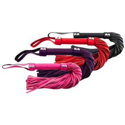 short leather flogger, BDSM flogger, compact flogger, leather hand loop flogger, impact play, sensory play, Black flogger, Pink flogger, Purple flogger, Red flogger, beginner flogger, experienced BDSM tools, leather BDSM whip, weighted falls flogger, teasing flogger, durable leather flogger, heighten sensations flogger, stylish BDSM accessory