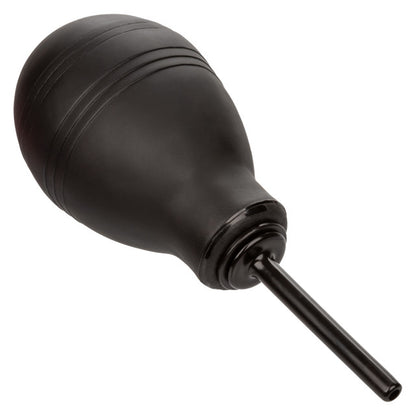 One-Way Anal Douche by CalExotics featuring a sleek black bulb and nozzle design. The packaging highlights its easy-to-use nature, one-way flow design to prevent backflow, 7.3 fl. oz. capacity, and 1-year warranty.