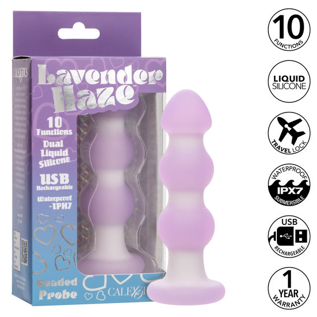 Lavender Haze™ Beaded Probe with a textured silicone design, 10 vibration functions, USB rechargeable, IPX7 waterproof, and a 1-year warranty.