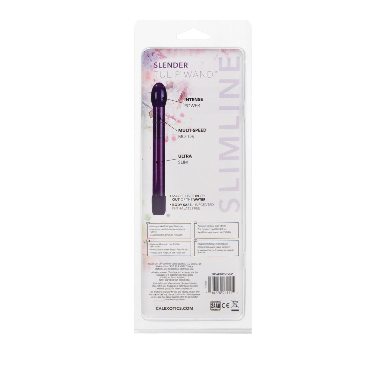 CalExotics Slender Tulip Wand™, slim 6.75-inch waterproof vibrator, tulip-shaped tip, multi-speed vibrations, body-safe ABS, available in Pink, Blue, or Purple.

slim waterproof vibrator, tulip-shaped vibrator, clitoral and internal stimulation, multi-speed wand, body-safe ABS vibrator, discreet travel vibrator, portable sex toy, waterproof slim vibe.