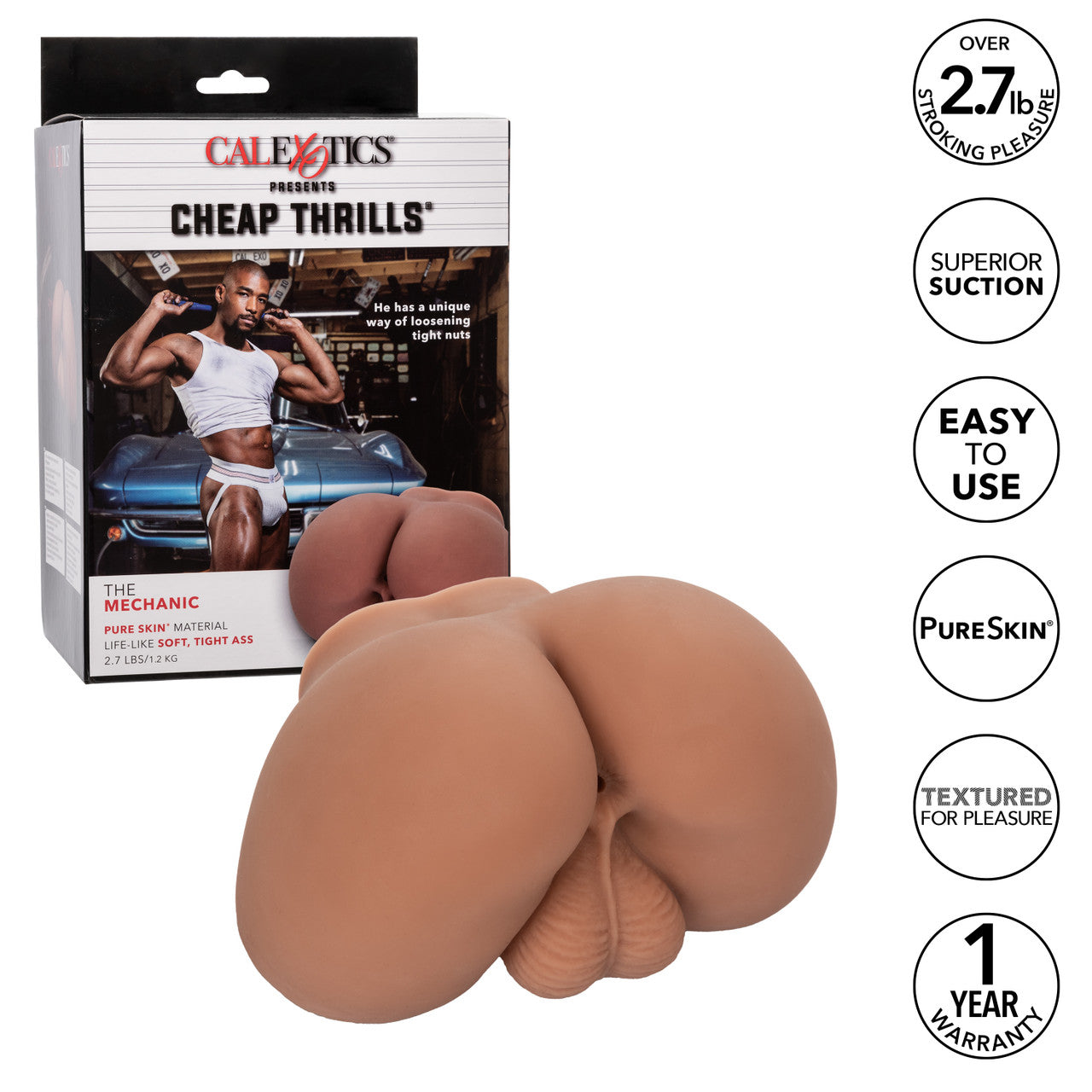 Cheap Thrills® The Mechanic realistic brown stroker with lifelike balls, textured chamber, and soft Pure Skin® material for ultimate pleasure. Keywords: lifelike stroker, realistic ass stroker, Pure Skin material, waterproof stroker, phthalate-free stroker, textured inner chamber, realistic male stroker, superior suction, heavy-duty stroker