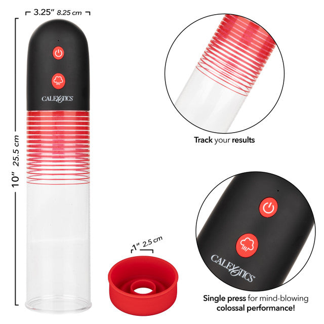 Red Optimum Series® Big Man’s Rechargeable EZ Pump™ with clear cylinder, automatic suction, USB charging, and ergonomic controls.
Keywords: Optimum Series Big Man’s Rechargeable EZ Pump, automatic pump, USB-C rechargeable pump, performance enhancer, body-safe silicone donut, one-button suction, oversized pump cylinder, airtight seal, pressure control, men’s pleasure pump