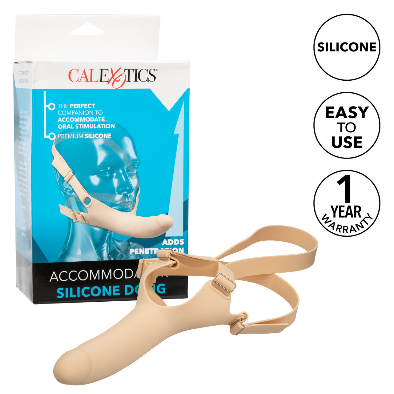 Black or vanilla Accommodator® Silicone Dong with adjustable straps for hands-free oral play. Body-safe, waterproof, and easy to clean. Keywords: Accommodator Silicone Dong, strap-on dildo, hands-free oral play, body-safe silicone, adjustable straps, waterproof, phthalate-free, unisex sex toy, oral stimulation enhancer, intimate couples toy