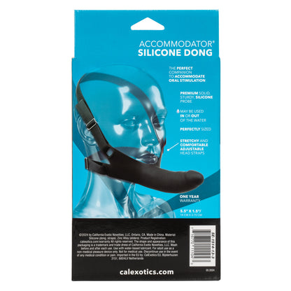 Black or vanilla Accommodator® Silicone Dong with adjustable straps for hands-free oral play. Body-safe, waterproof, and easy to clean. Keywords: Accommodator Silicone Dong, strap-on dildo, hands-free oral play, body-safe silicone, adjustable straps, waterproof, phthalate-free, unisex sex toy, oral stimulation enhancer, intimate couples toy