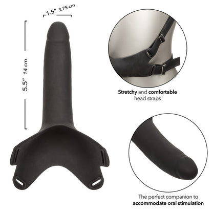 Black or vanilla Accommodator® Silicone Dong with adjustable straps for hands-free oral play. Body-safe, waterproof, and easy to clean. Keywords: Accommodator Silicone Dong, strap-on dildo, hands-free oral play, body-safe silicone, adjustable straps, waterproof, phthalate-free, unisex sex toy, oral stimulation enhancer, intimate couples toy